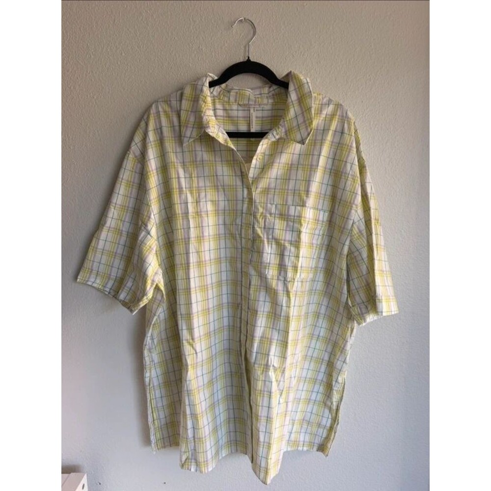 NEW Anthropologie White Green Purple Plaid Boyfriend Button Up Shirt Size XL